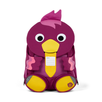 The Affenzahn Large Friend Bird backpack has a unique tongue feature that can be pulled out to display a name tag or photo.