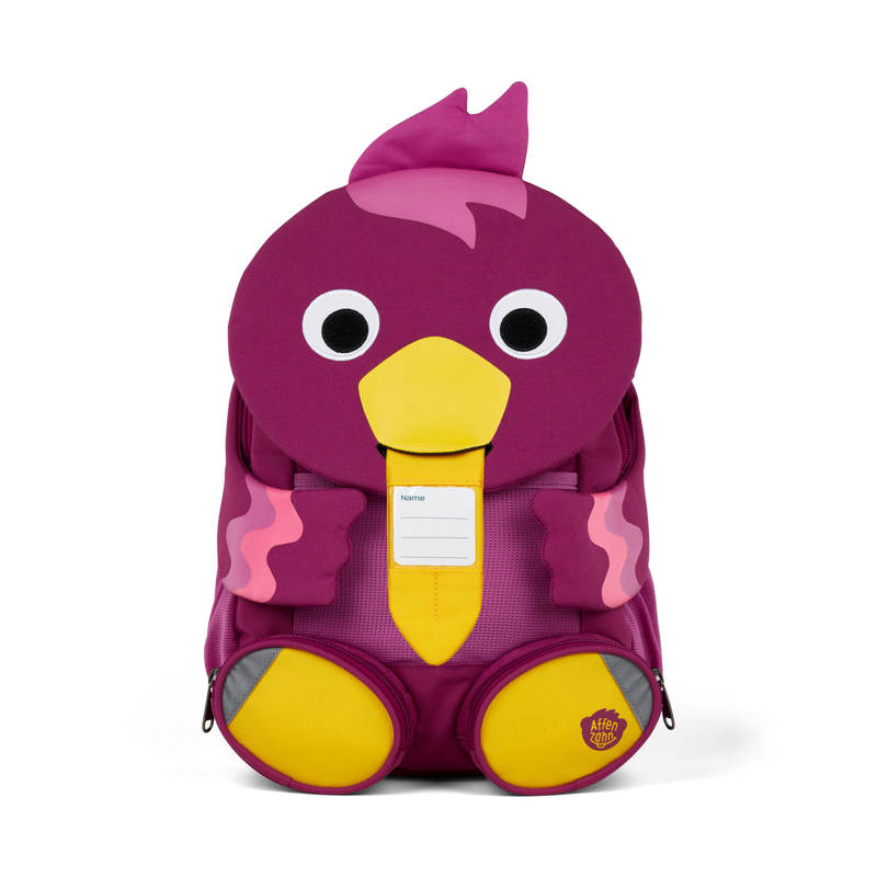The Affenzahn Large Friend Bird backpack has a unique tongue feature that can be pulled out to display a name tag or photo.