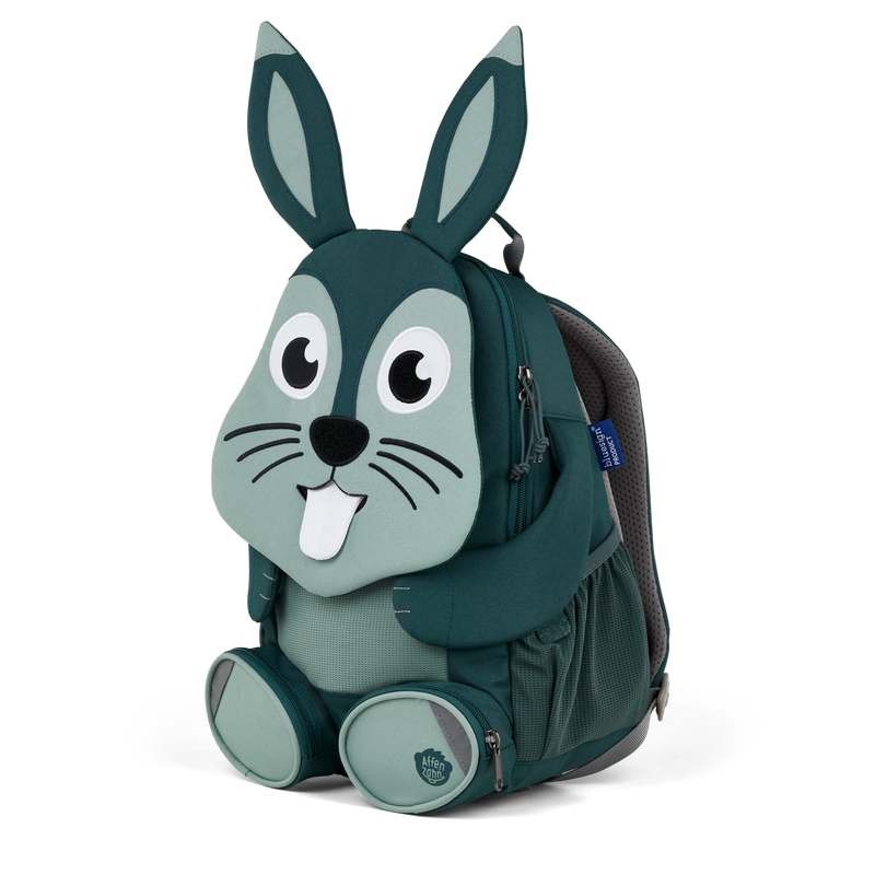 Right side view highlighting the Affenzahn Large Friend Rabbit backpack`s depth, adjustable shoulder straps, and the Rabbit's ear detailing.