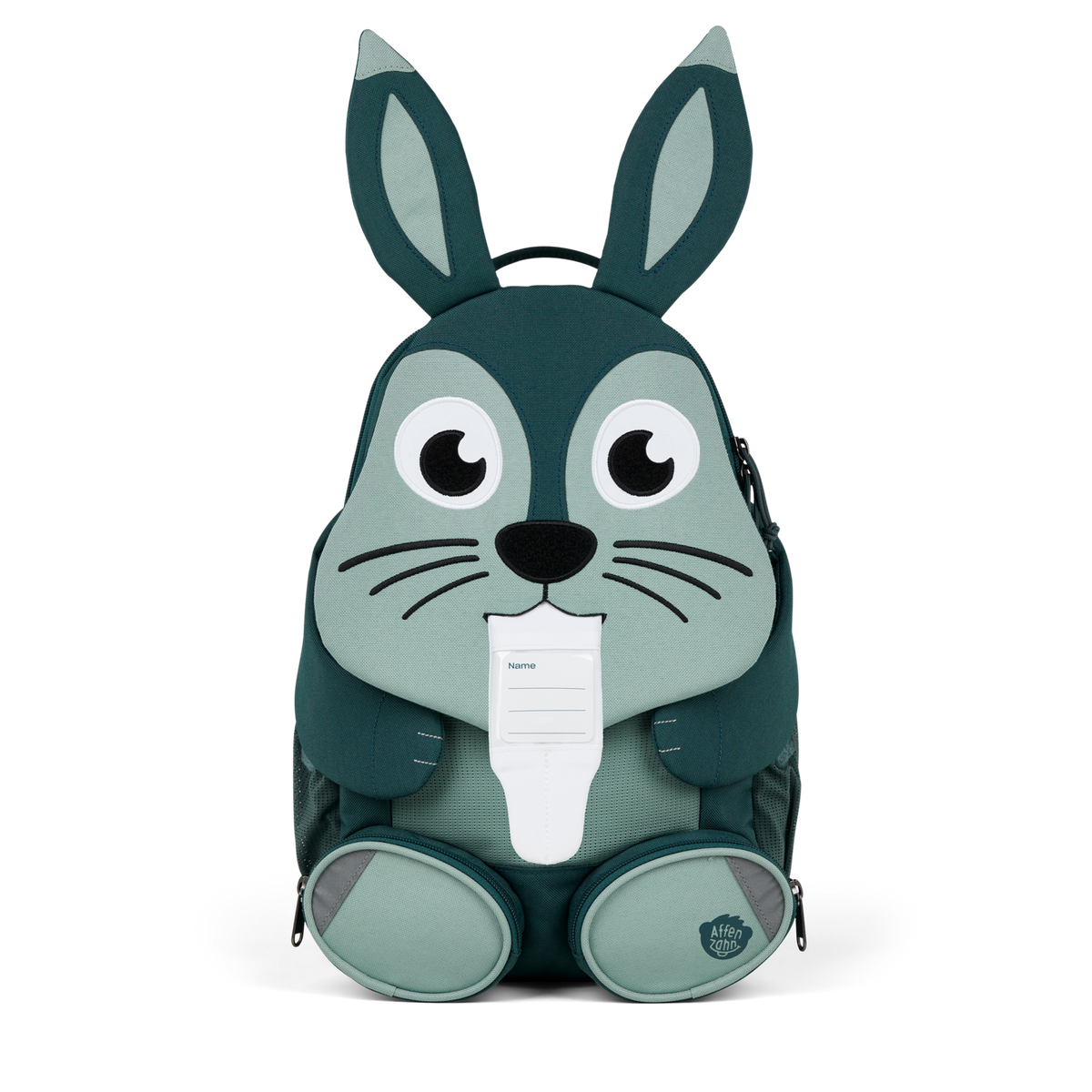 The Affenzahn Large Friend Rabbit backpack has a unique tongue feature that can be pulled out to display a name tag or photo.