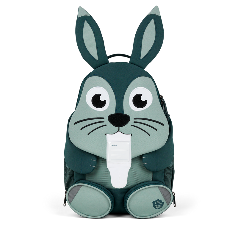 The Affenzahn Large Friend Rabbit backpack has a unique tongue feature that can be pulled out to display a name tag or photo.