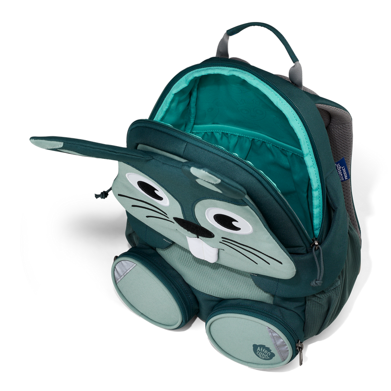 A top-down view of the Affenzahn Large Friend Rabbit backpack’s main compartment, suitable for all your kid’s preschool essentials.