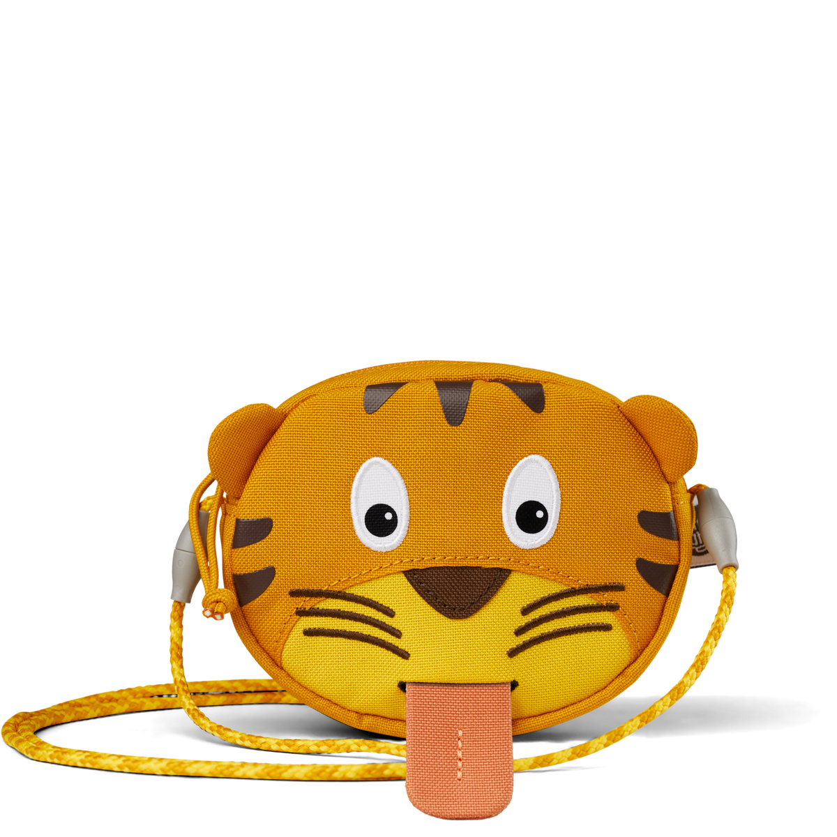 Affenzahn Tiger Kids Wallet featuring a playful tiger face with embroidered eyes, soft ears, and a pull-out tongue label for writing a name.