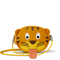 Affenzahn Tiger Kids Wallet featuring a playful tiger face with embroidered eyes, soft ears, and a pull-out tongue label for writing a name.