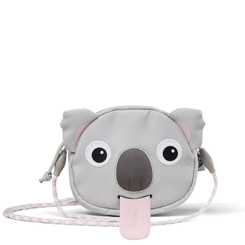 Affenzahn Koala Kids Wallet featuring a friendly koala face with embroidered eyes, fluffy ears, and a pull-out tongue label for writing a name.
