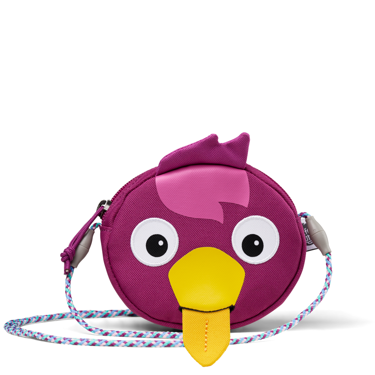 Affenzahn Bird Kids Wallet featuring a cheerful bird face with embroidered eyes, soft head feathers, and a pull-out tongue label for writing a name.