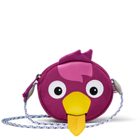 Affenzahn Bird Kids Wallet featuring a cheerful bird face with embroidered eyes, soft head feathers, and a pull-out tongue label for writing a name.