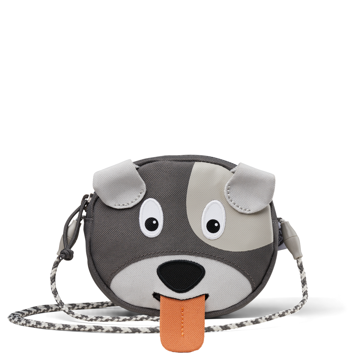 Affenzahn Dog Kids Wallet featuring a playful dog face with embroidered eyes, floppy ears, and a pull-out tongue label for writing a name.