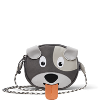 Affenzahn Dog Kids Wallet featuring a playful dog face with embroidered eyes, floppy ears, and a pull-out tongue label for writing a name.