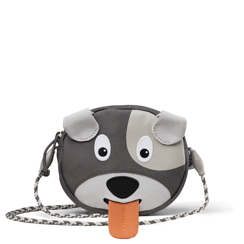 Affenzahn Dog Kids Wallet featuring a playful dog face with embroidered eyes, floppy ears, and a pull-out tongue label for writing a name.